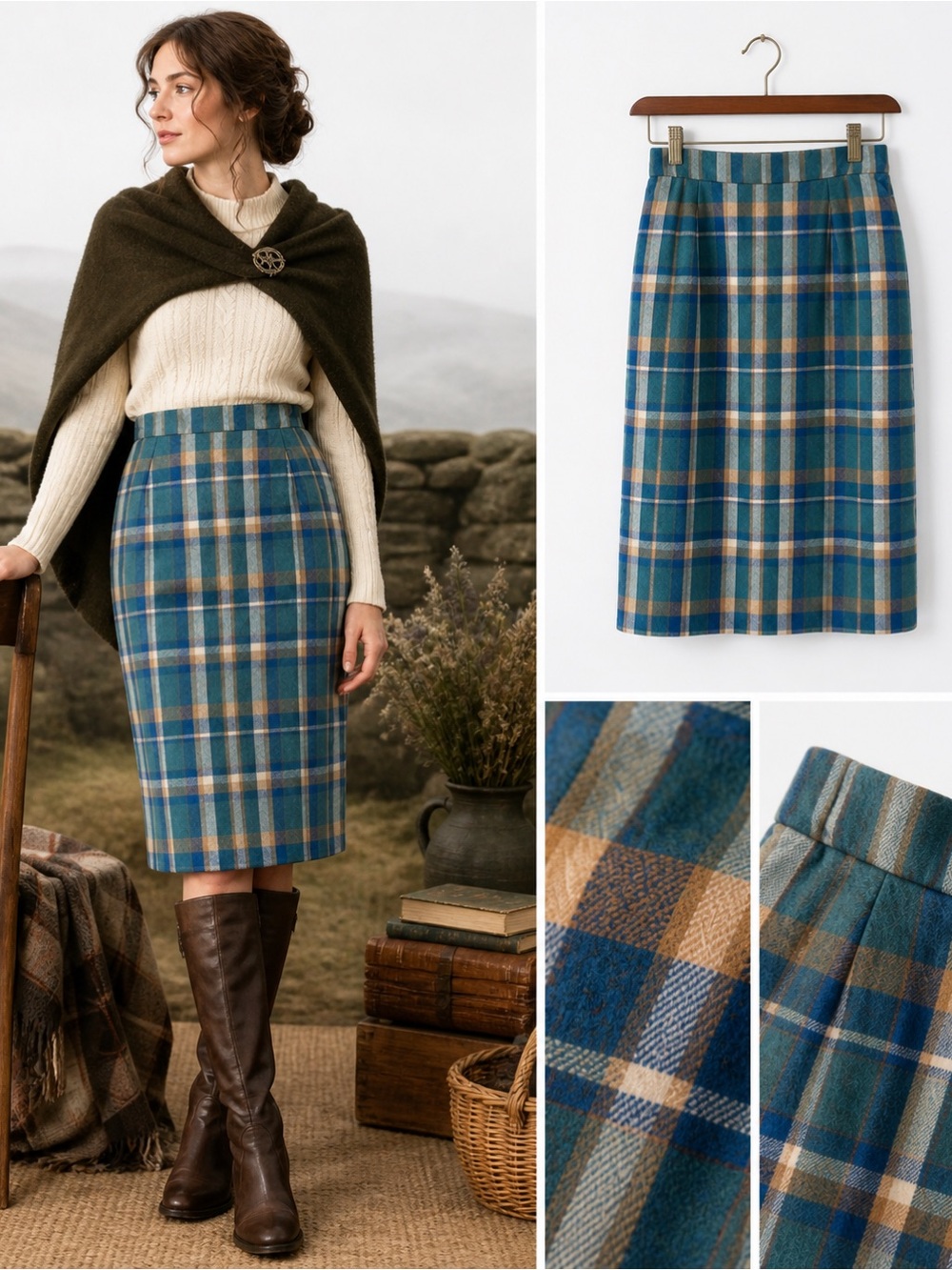 VTG Avoca Ireland 100% Wool Plaid Pencil Skirt Blue Tan Tartan Size 10 Outlander